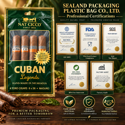 Custom Printing logo Humidified Cigar Bag with Ziplock and Clear Window Resealable Humidity Pouch for 5 Cigars Storage Packing