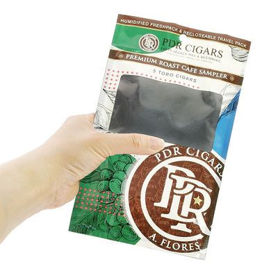 Aanpasbare hervergrendelbare folie Ziplock Driezijdige afdichting Natuurlijke blad sigaren wikkels Bevochtigende plastic verpakkingszak met helder raam